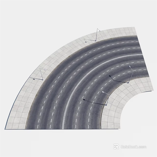 Curved Road Facilities With Multiple Lanes White Dashed Markings And Street Light Poles 3d model 