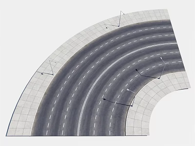 Curved Road Facilities With Multiple Lanes White Dashed Markings And Street Light Poles 3d model