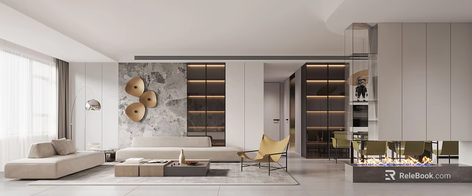 Elegant Modern Living and Dining Room Interior With Comfortable Sofa Dining Table And Decorative Wall 3d model