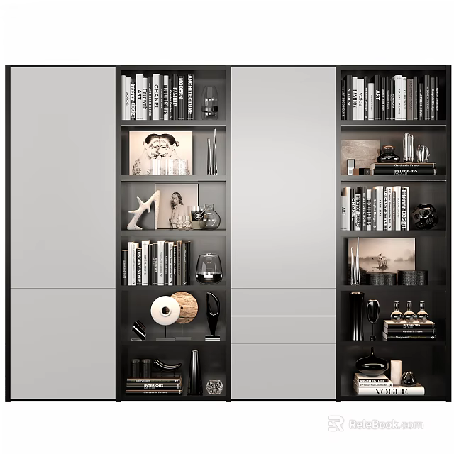 Modern Black Bookcase Featuring Multi Tiered Shelves With Books And Decorative Items 3d model 
