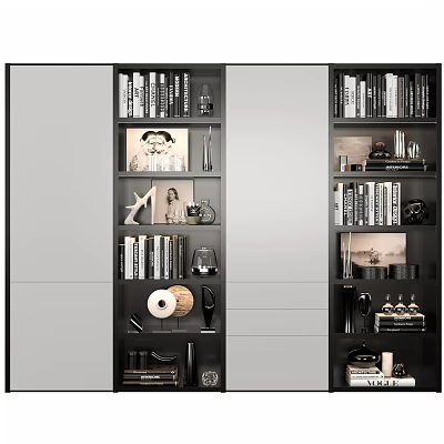 Modern Black Bookcase Featuring Multi Tiered Shelves With Books And Decorative Items 3d model