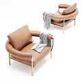 Modern Brown Leather Single Sofa with Metal Legs and Checkered Blanket 3d model