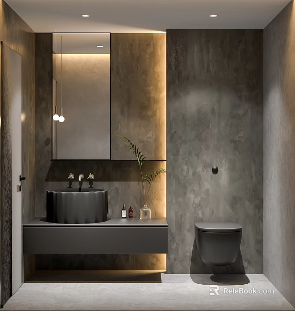Modern Bathroom Interior Design With Gray Concrete Walls Black Sink Mirror And Toilet 3d model 