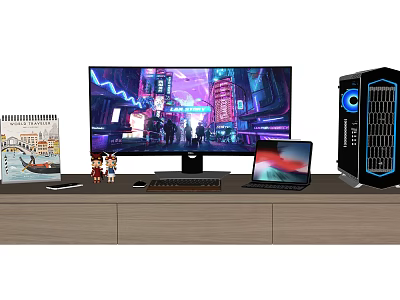 Modern Computer Desktop Setup With Large Monitor Laptop PC Case Calendar And Figurines 3d model