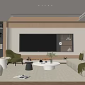 Modern Living Room Interior With White Sofa Orange Armchair TV Wall And Wooden Shelves