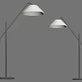 Two Modern Floor Lamps With Curved Metal Stands And Light Colored Shades For Home Decor