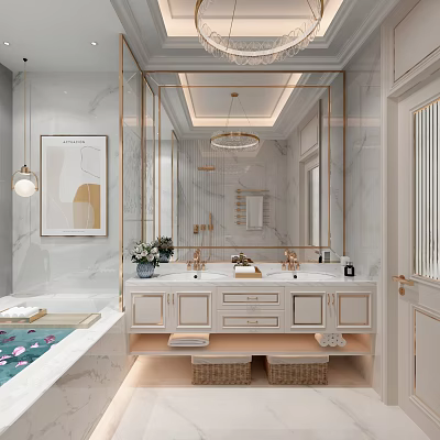 Luxury Bathroom Interior With Marble Countertop Double Sink Vanity Large Mirror And Bathtub 3d model
