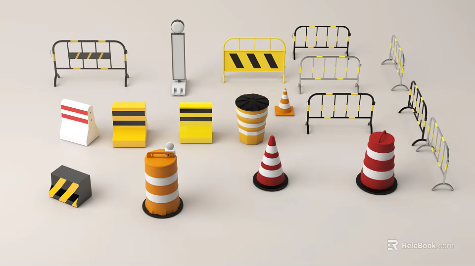 Different Types of Road Safety Equipment with Traffic Cones and Barriers 3d model 