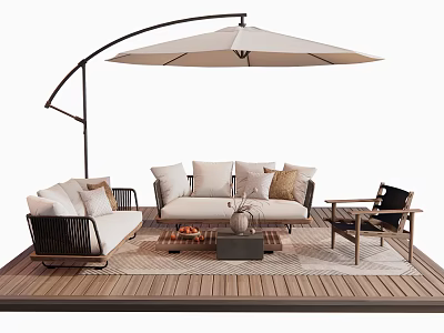 Comfortable Outdoor Sofa Set With Large Umbrella And Wooden Deck Area Cushions 3d model