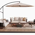 Comfortable Outdoor Sofa Set With Large Umbrella And Wooden Deck Area Cushions