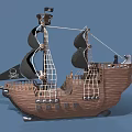 Pirate Ship Model With Black Sails Wooden Hull And Skull Flag Design