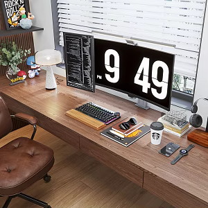 Modern computer desk computer chair computer mobile phone headset hand desk lamp green plant 3d model