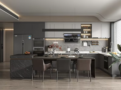 Modern Restaurant Interior With Open Layout Dining Table Chairs And Pendant Lights 3d model