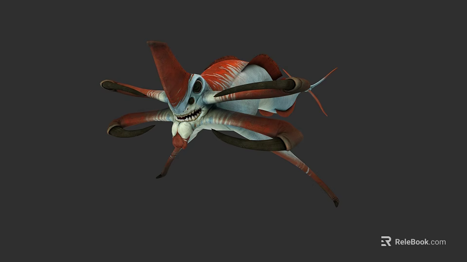Red and White Aquatic Creature With Multiple Tentacles Unique Marine Design 3d model
