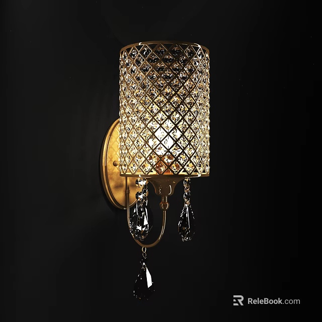 Elegant Wall Sconce With Gold Base Diamond Pattern Crystal Shade And Hanging Pendants 3d model 