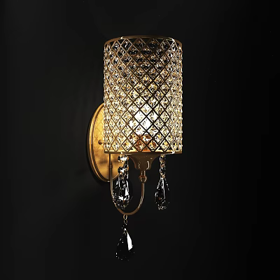 Elegant Wall Sconce With Gold Base Diamond Pattern Crystal Shade And Hanging Pendants 3d model