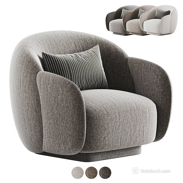 Modern Grey Armchair with Rounded Arms Striped Cushion and Comfortable Fabric Upholstery 3d model 