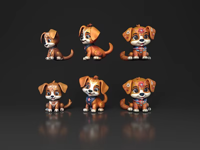 Cute Brown Reptile Toys in Various Poses with Scarf Decorations on Dark Background 3d model