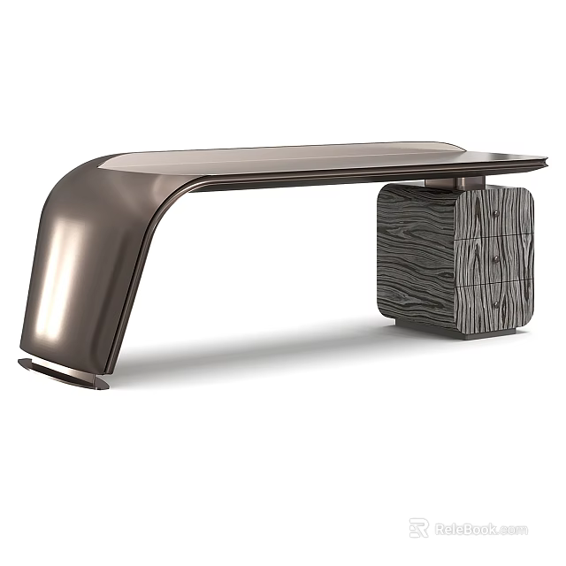 Sleek Modern Desk Design With Metal Curved Frame And Wooden Pattern Square Base 3d model 