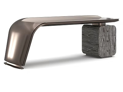 Sleek Modern Desk Design With Metal Curved Frame And Wooden Pattern Square Base 3d model