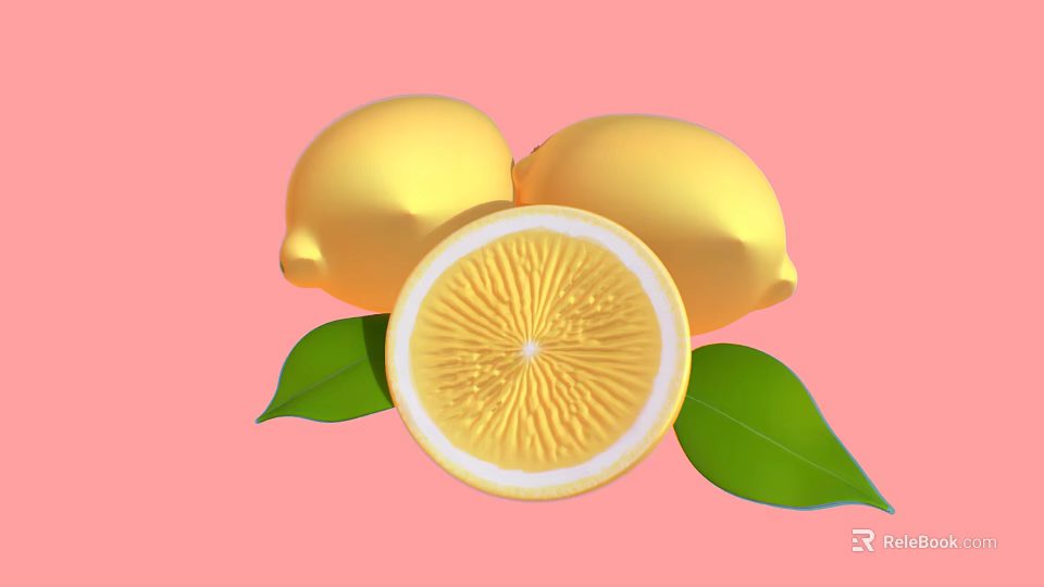 Fresh Juicy Lemons with Sliced Half and Green Leaves on Pink Background 3d model 