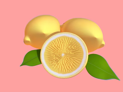 Fresh Juicy Lemons with Sliced Half and Green Leaves on Pink Background 3d model