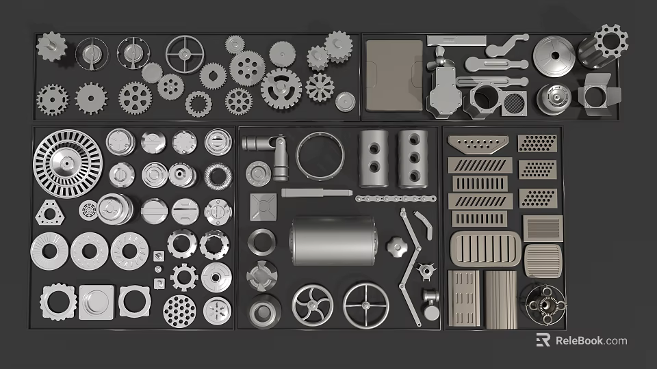 Industrial Mechanical Parts Assortment With Gears Wheels Pipes Plates Perforated Designs And Bolts 3d model 