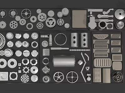 Industrial Mechanical Parts Assortment With Gears Wheels Pipes Plates Perforated Designs And Bolts 3d model