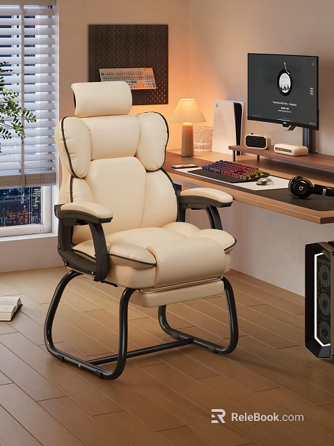 Modern Wooden Desk And Beige Leather Chair Set For Home Office With Computer Setup 3d model 