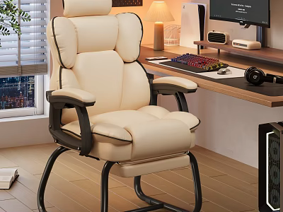 Modern Wooden Desk And Beige Leather Chair Set For Home Office With Computer Setup 3d model