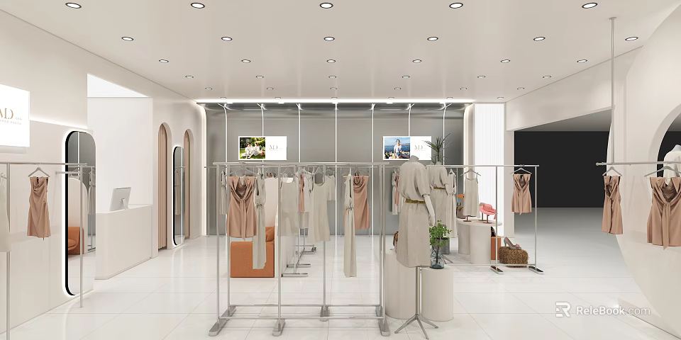 Modern Mall Clothing Counter With Stylish Hanging Clothes Metal Racks And Bright Lighting 3d model 