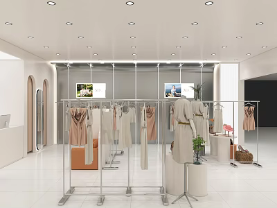 Modern Mall Clothing Counter With Stylish Hanging Clothes Metal Racks And Bright Lighting 3d model