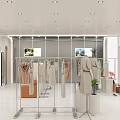 Modern Mall Clothing Counter With Stylish Hanging Clothes Metal Racks And Bright Lighting