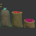 Fresh Red Berries Stored in Three Burlap Sacks on Dark Surface 3d model