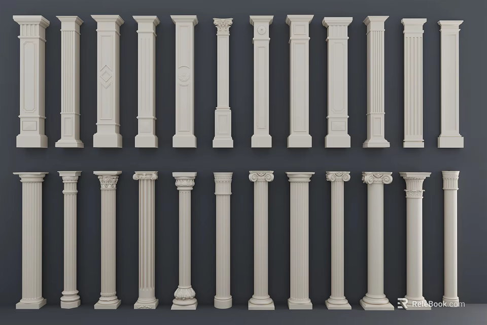 Collection Of Roman Columns With Various Classical Ornate Design Styles 3d model 