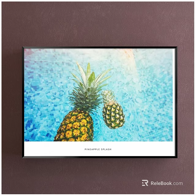 Botanical Pineapple Plant Painting With Blue Water Ripples Background And Framed Art 3d model 