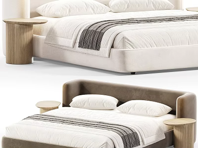 Upholstered Double Bed in Neutral Brown with White Pillows Striped Bedspread and Wooden Nightstands 3d model