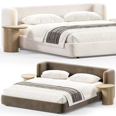 Upholstered Double Bed in Neutral Brown with White Pillows Striped Bedspread and Wooden Nightstands 3d model