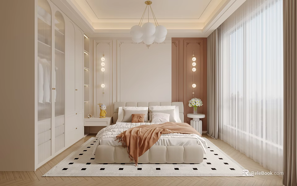 Elegant Modern Bedroom Interior With Plush Bed White Wardrobe Pendant Light And Checkered Rug 3d model 