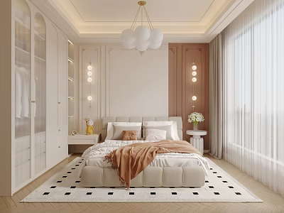 Elegant Modern Bedroom Interior With Plush Bed White Wardrobe Pendant Light And Checkered Rug 3d model