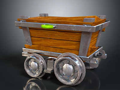 Vintage Wooden Mine Train Cart With Metal Frame And Large Wheels 3d model