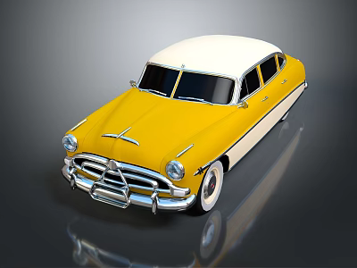 Yellow And White Vintage Classic Car With Chrome Grille And Round Headlights 3d model