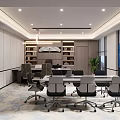 Conference Room with Large Screen Folding Chairs Wooden Walls Plants and City View Windows