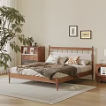 Double Bed with Wooden Headboard Pillows Blanket Nightstands Table Lamp Wall Art and Green Plant