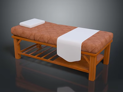 Wooden Frame Massage Bed With Brown Padded Cushion White Pillow And Towel 3d model