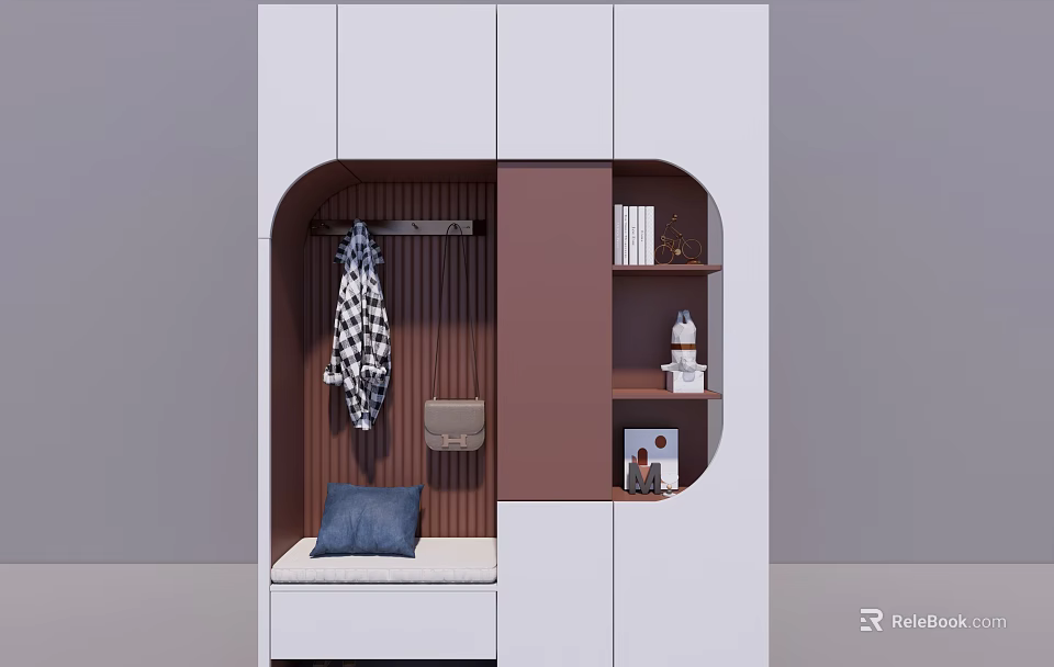 Modern White And Brown Shoe Cabinet With Arched Niche Hanging Rack Bench And Open Shelves 3d model 