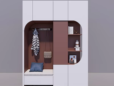 Modern White And Brown Shoe Cabinet With Arched Niche Hanging Rack Bench And Open Shelves 3d model