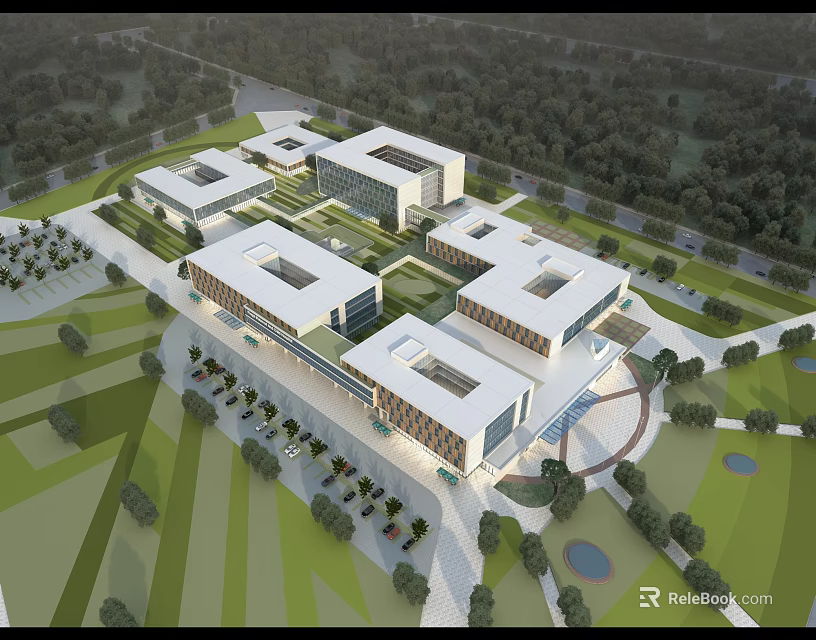 Birds Eye View Planning of Modern Integrated Buildings With Green Landscaping and Roads 3d model 