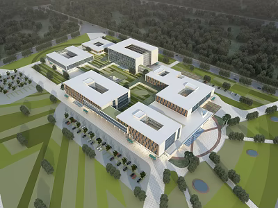 Birds Eye View Planning of Modern Integrated Buildings With Green Landscaping and Roads 3d model