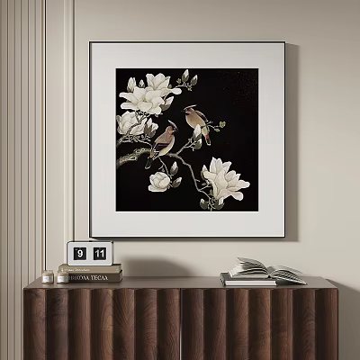 Elegant Walnut Wood TV Stand with Framed Magnolia Birds Painting Books and Clock 3d model